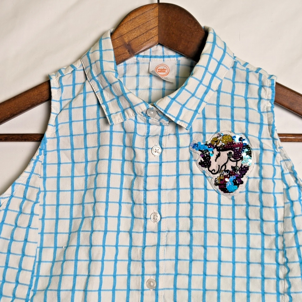 Girls Sleeveless Summer Shirt  Blue Pinstripe Plaid Print Sequin Unicorn L 10-12